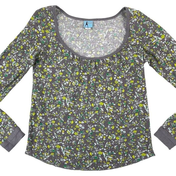 Vintage Y2K Damsel LARGE Scoop Neck Ribbed Knit Thermal Floral Ditsy Shirt - Picture 3 of 10